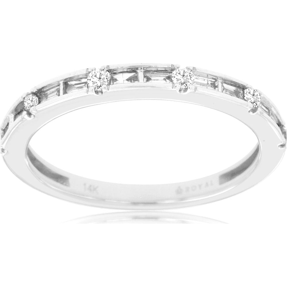 14K White Gold Alternating Round and Baguette Diamond Wedding Band - 0.25 Carat Total Diamond Weight - Royal Jewelry