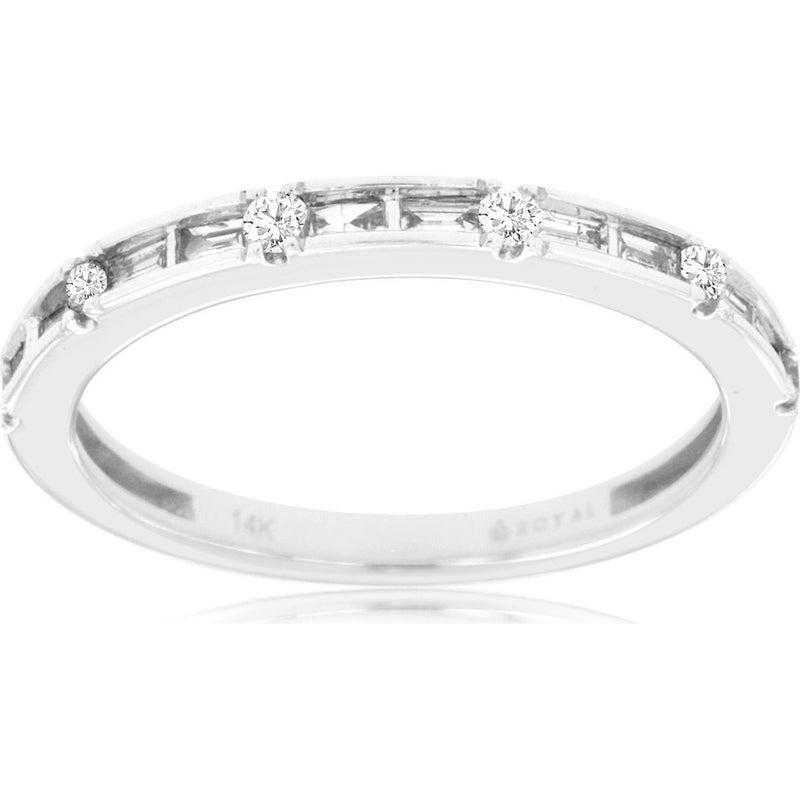 14K White Gold Alternating Round and Baguette Diamond Wedding Band - 0.25 Carat Total Diamond Weight - Royal Jewelry