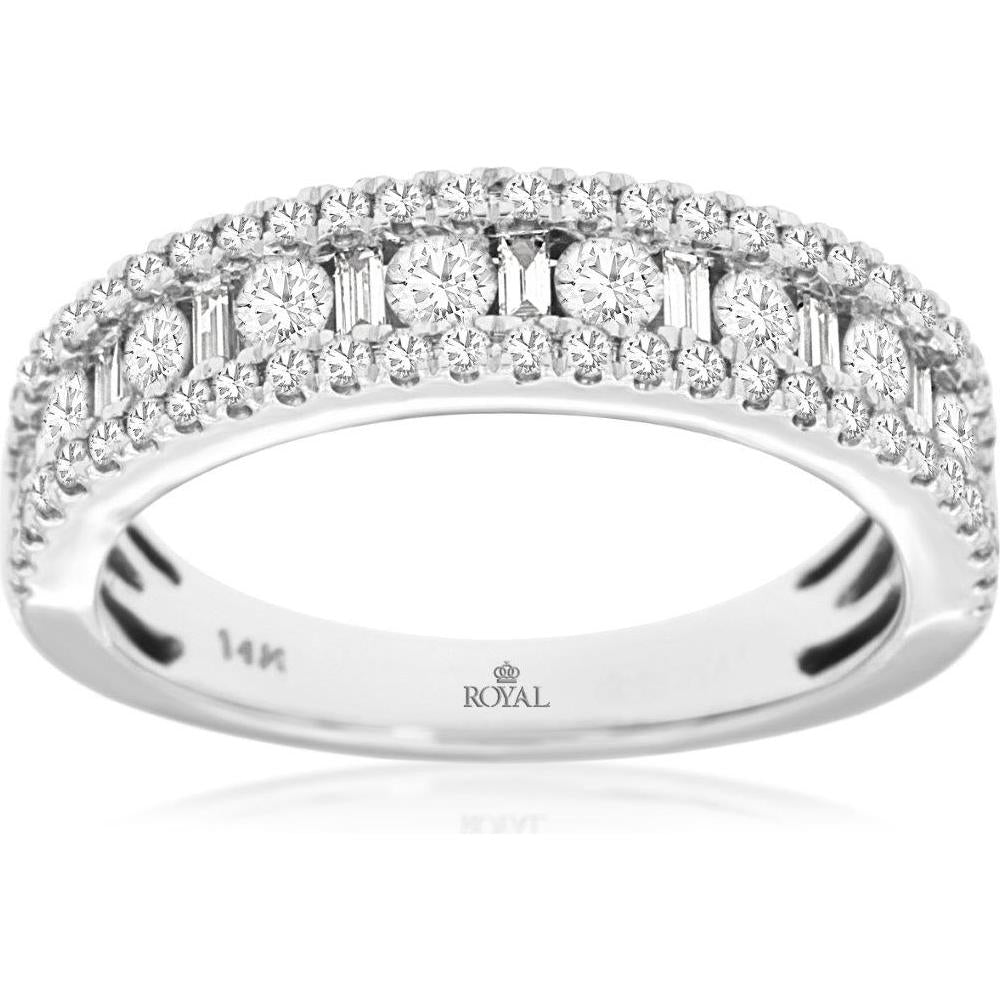 14K White Gold Alternating Round and Baguette Diamond Wedding Band - 1.00 Carat Total Diamond Weight - Royal Jewelry