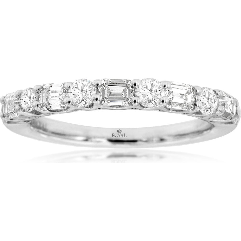 14K White Gold Alternating Round and Emerald-Cut Diamond Band - 1.10 Carat Total Diamond Weight - Royal Jewelry