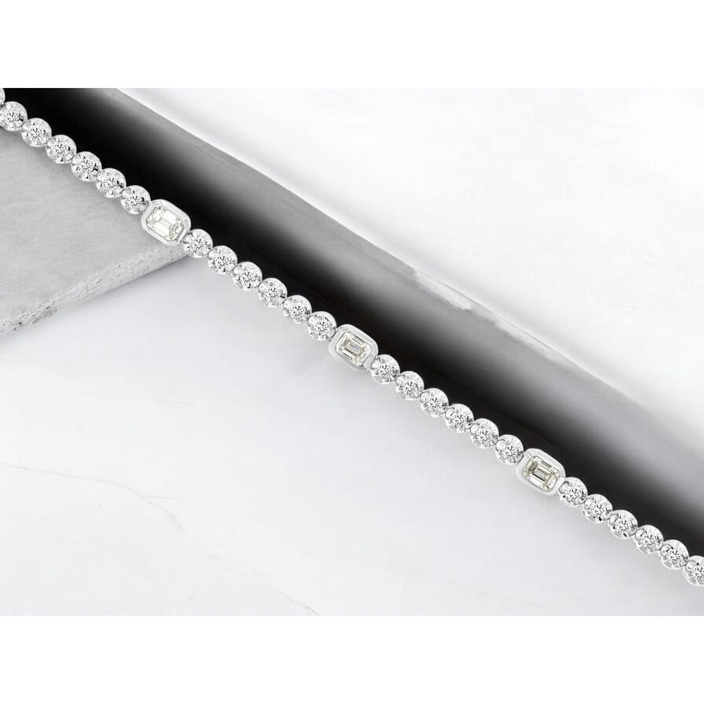 14K White Gold Alternating Round and Emerald-Cut Diamond Bracelet - 1.60 Carat Total Diamond Weight - Royal Jewelry