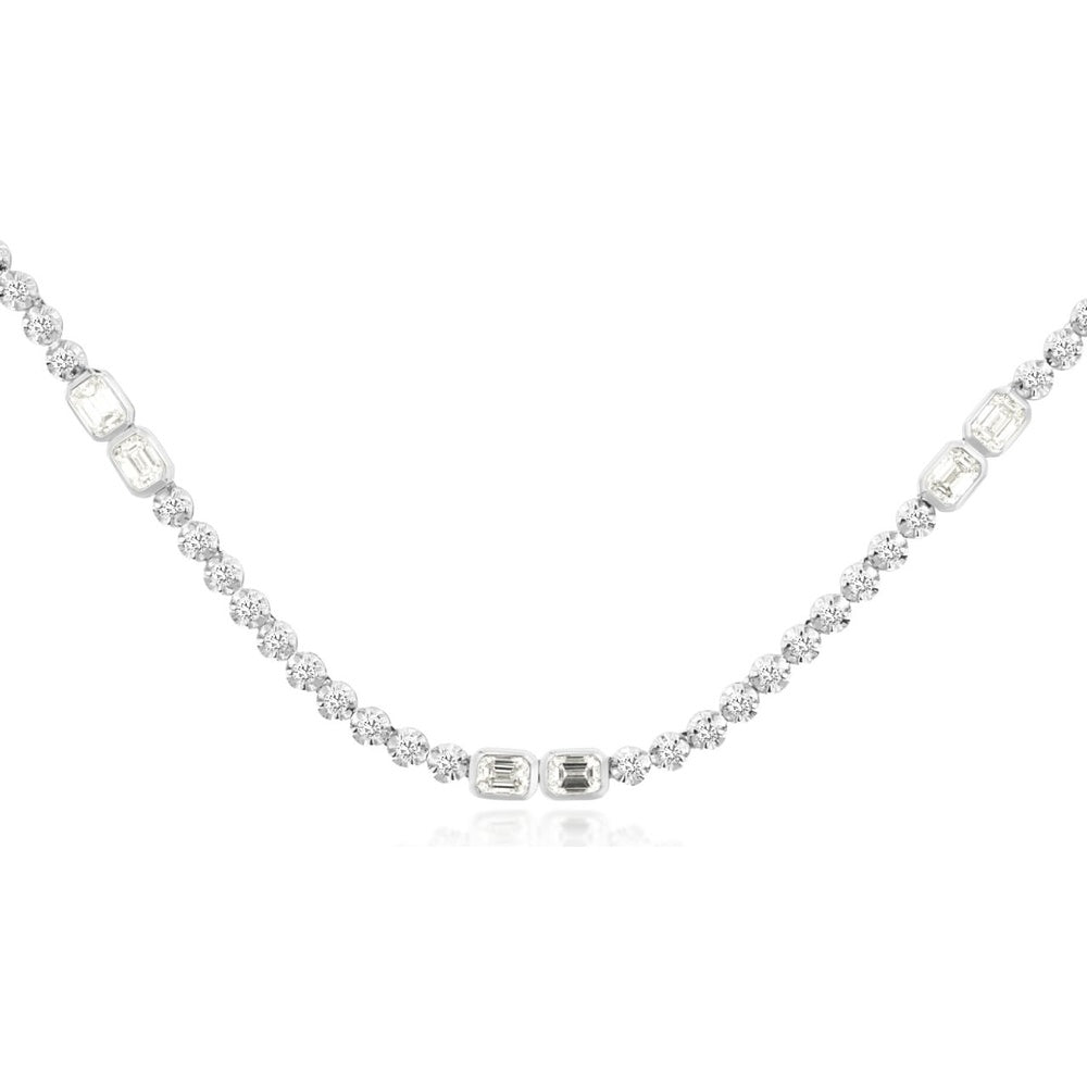 14K White Gold Alternating Round and Emerald-Cut Diamond Necklace - 3.10 Carat Total Diamond Weight - Royal Jewelry