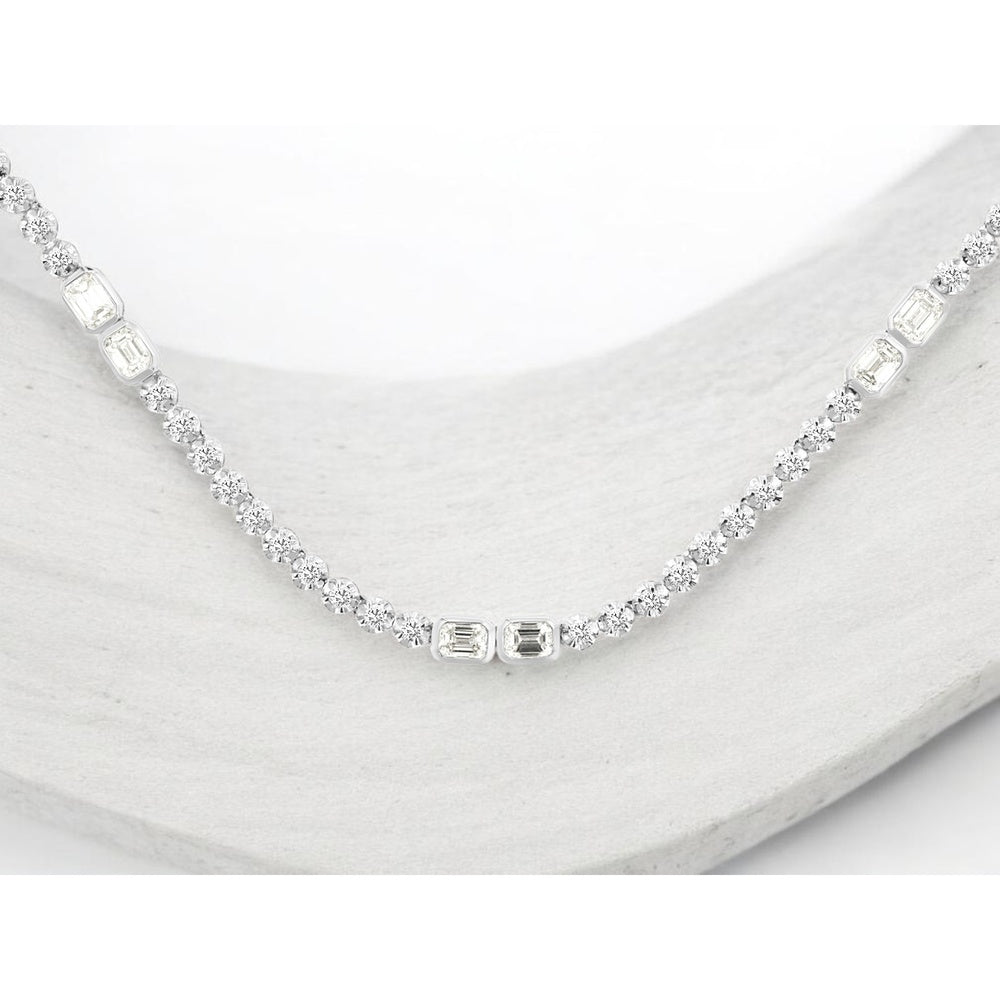 14K White Gold Alternating Round and Emerald-Cut Diamond Necklace - 3.10 Carat Total Diamond Weight - Royal Jewelry