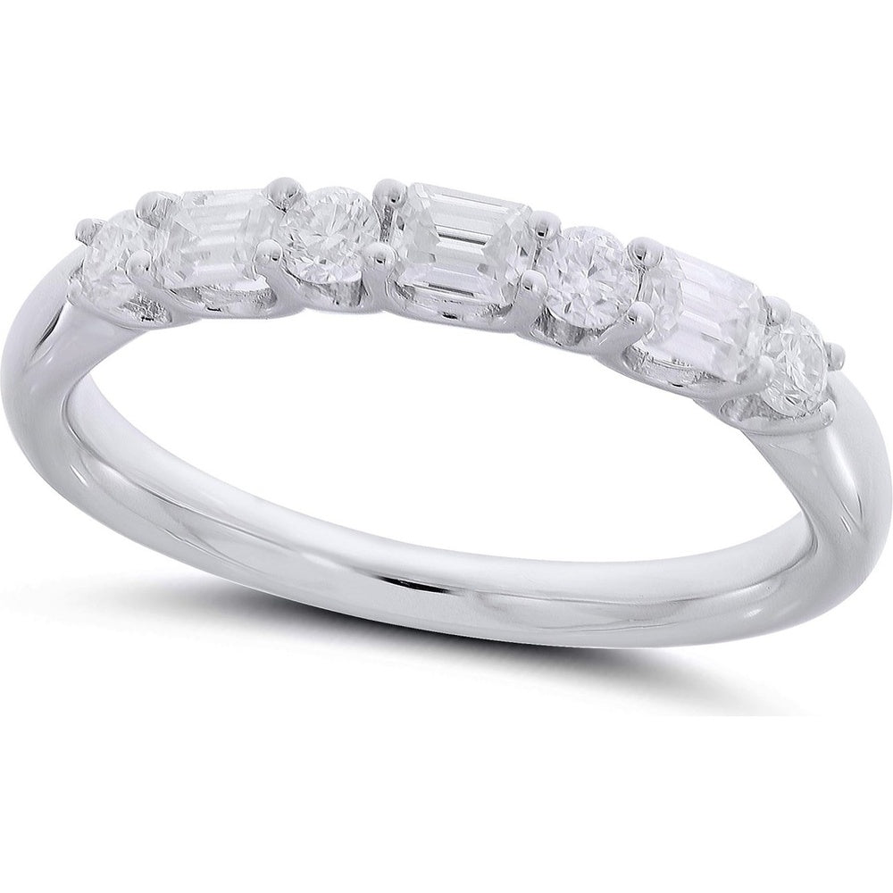 14K White Gold Alternating Round and Emerald Cut Diamond Wedding Band - 0.79 Carat Total Diamond Weight by Auriventus