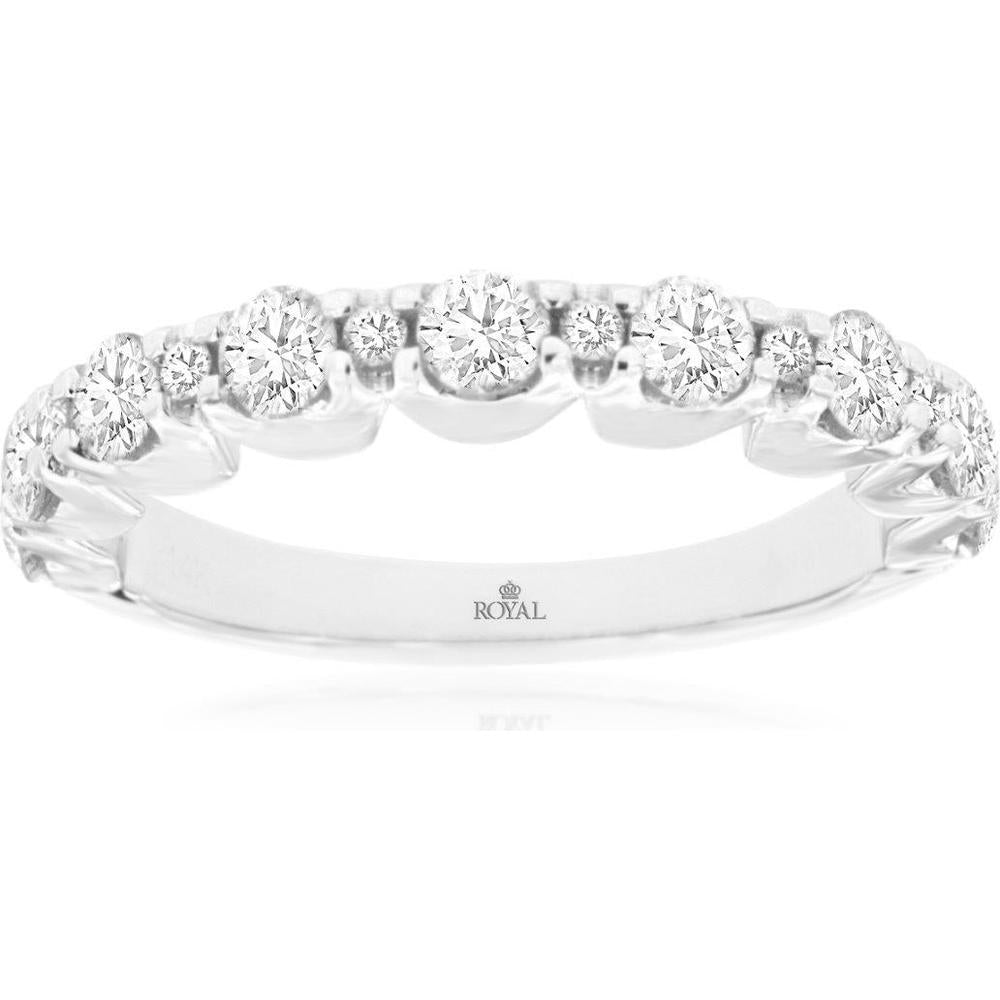14K White Gold Alternating Round Diamond Wedding Band with Bar and Prong Settings - 1.00 Carat Total Diamond Weight - Royal Jewelry