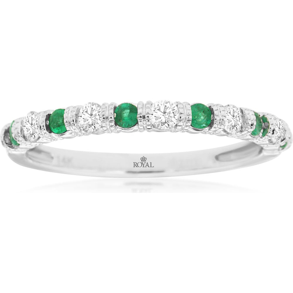 14K White Gold Alternating Round Emerald and Diamond Band with Milgrain Detail - 0.28 Carat Total Emerald Weight and 0.17 Carat Total Diamond Weight - Royal Jewelry