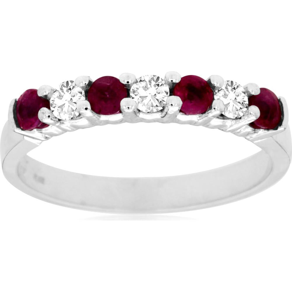 14K White Gold Alternating Round Ruby and Diamond Band - 0.40 Carat Total Ruby Weight, 0.22 Carat Total Diamond Weight - Royal Jewelry