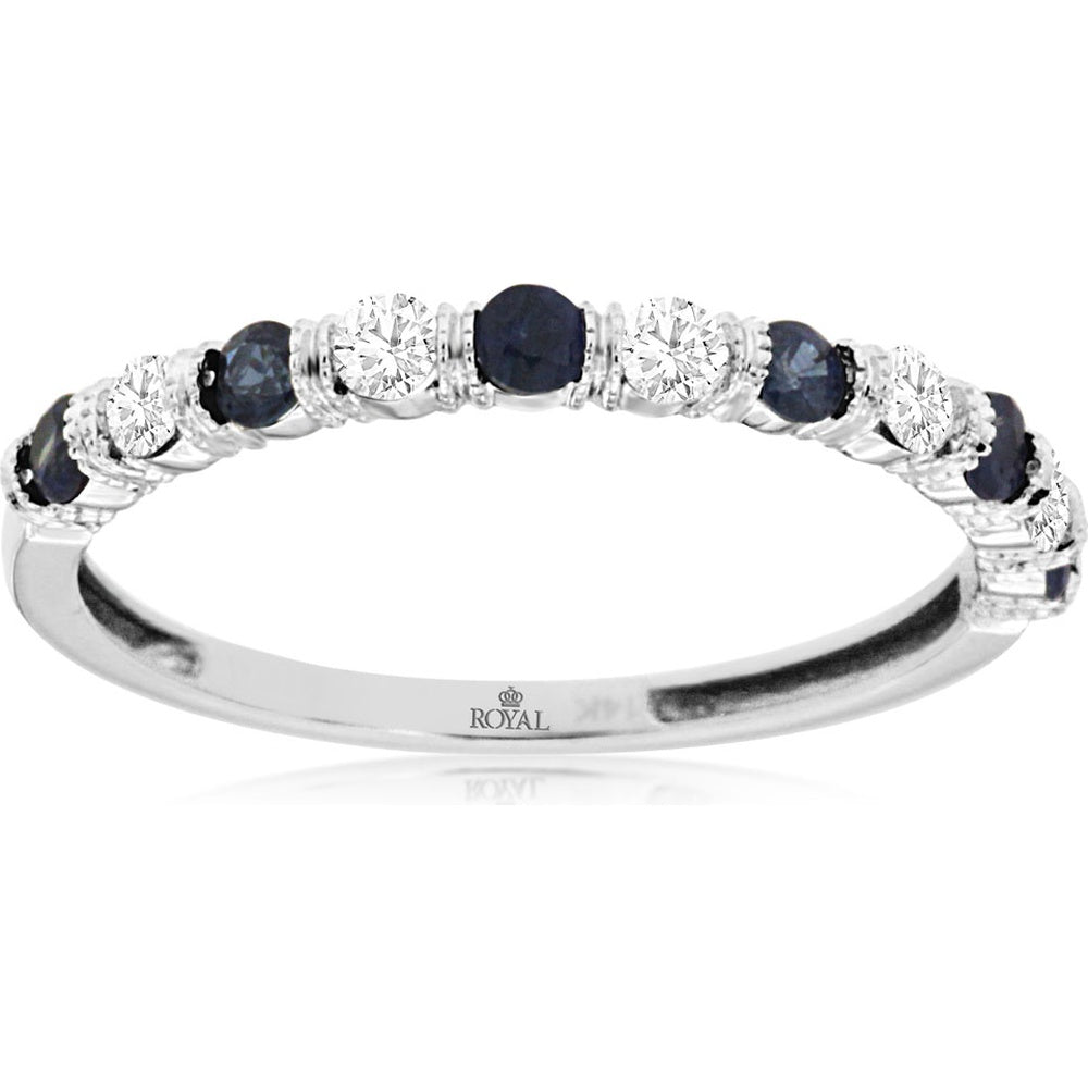 14K White Gold Alternating Round Sapphire and Diamond Band Ring - 0.28 Carat Sapphire and 0.17 Carat Diamond Total Weight - Royal Jewelry