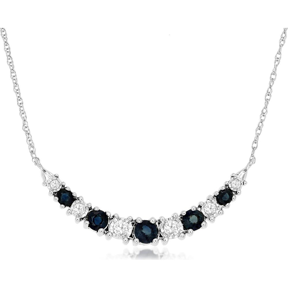 14K White Gold Alternating Round Sapphire and Diamond Bar Necklace - 0.40 Carat Sapphire & 0.10 Carat Diamond Total Weight - Royal Jewelry