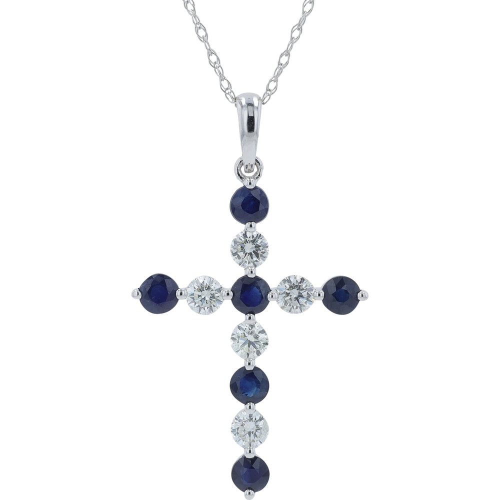 14K White Gold Alternating Round Sapphire and Diamond Cross Pendant - 0.50 Carat Total Diamond Weight and 0.55-0.80 Carat Total Sapphire Weight