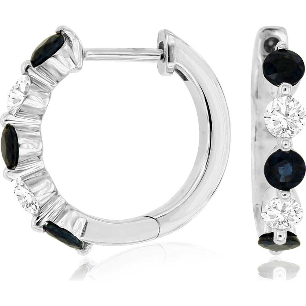 14K White Gold Alternating Sapphire and Diamond Huggie Earrings - 0.72 Carat Total Sapphire Weight and 0.40 Carat Total Diamond Weight - Royal Jewelry
