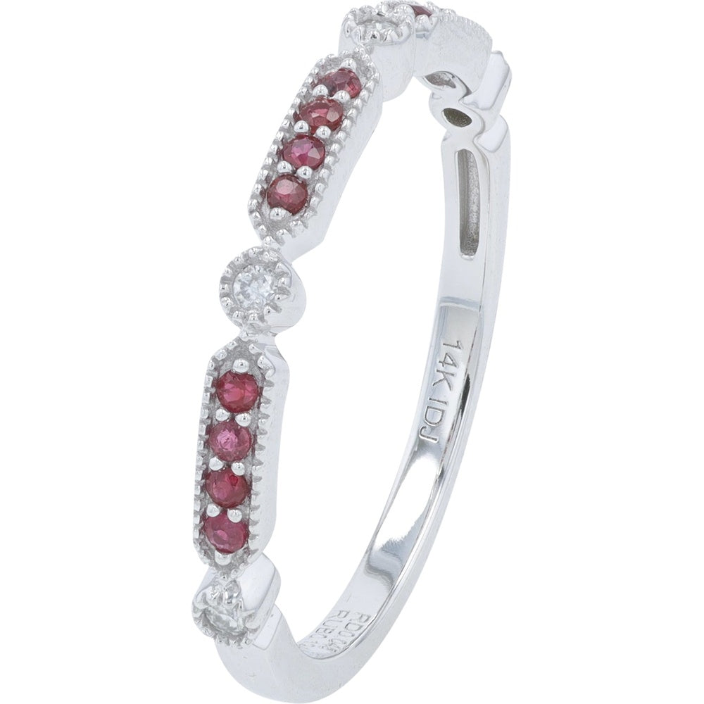 14K White Gold Alternating Station Band with Round Ruby Stations and Diamond Accents - 0.12 Carat Total Ruby Weight and 0.05 Carat Total Diamond Weight
