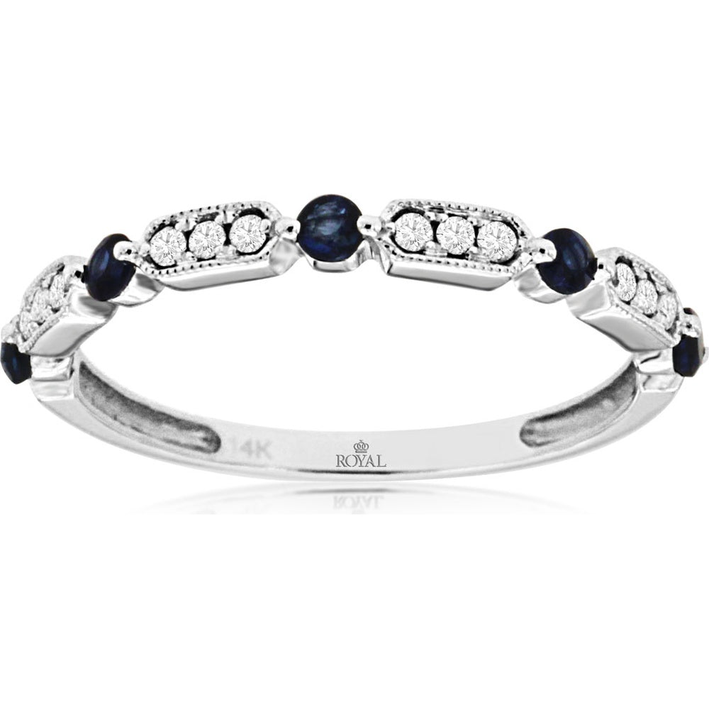 14K White Gold Alternating Station Ring with Round Blue Sapphires and Milgrain-Edge Round Diamonds - 0.25 Carat Sapphire Weight and 0.10 Carat Diamond Weight - Royal Jewelry