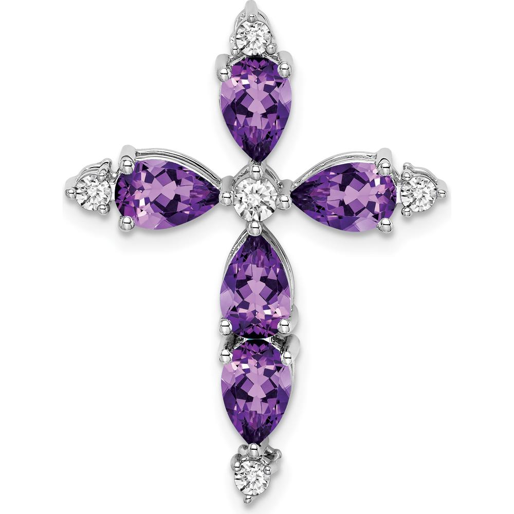 14K White Gold Amethyst and Diamond Cross Slide Pendant with Pear-Shaped Amethyst and Round Diamonds - 0.689 Carat Amethyst, 0.1 Carat Diamond Total Weight by Lumare Gioia