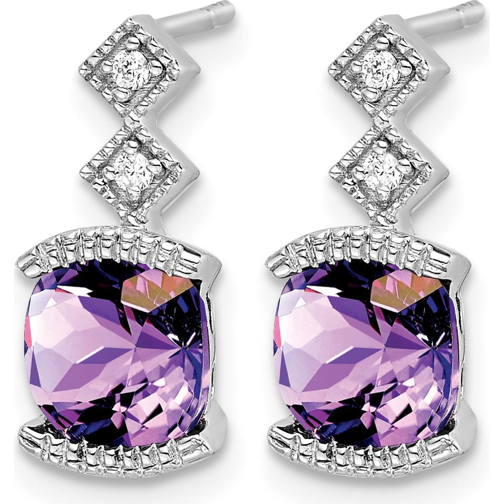 14K White Gold Amethyst and Diamond Drop Earrings with Cushion Cut Amethyst - 1.183 Carat Total Gem Weight by Monteluci Fine Jewelry