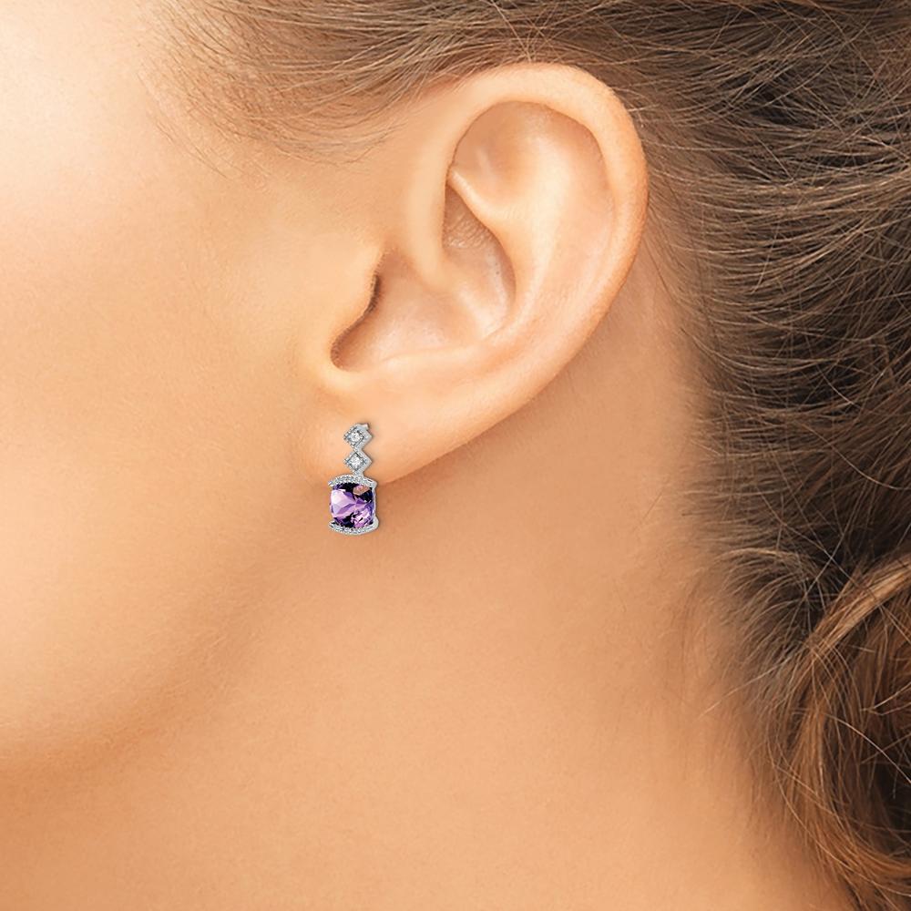 14K White Gold Amethyst and Diamond Drop Earrings with Cushion Cut Amethyst - 1.183 Carat Total Gem Weight by Monteluci Fine Jewelry