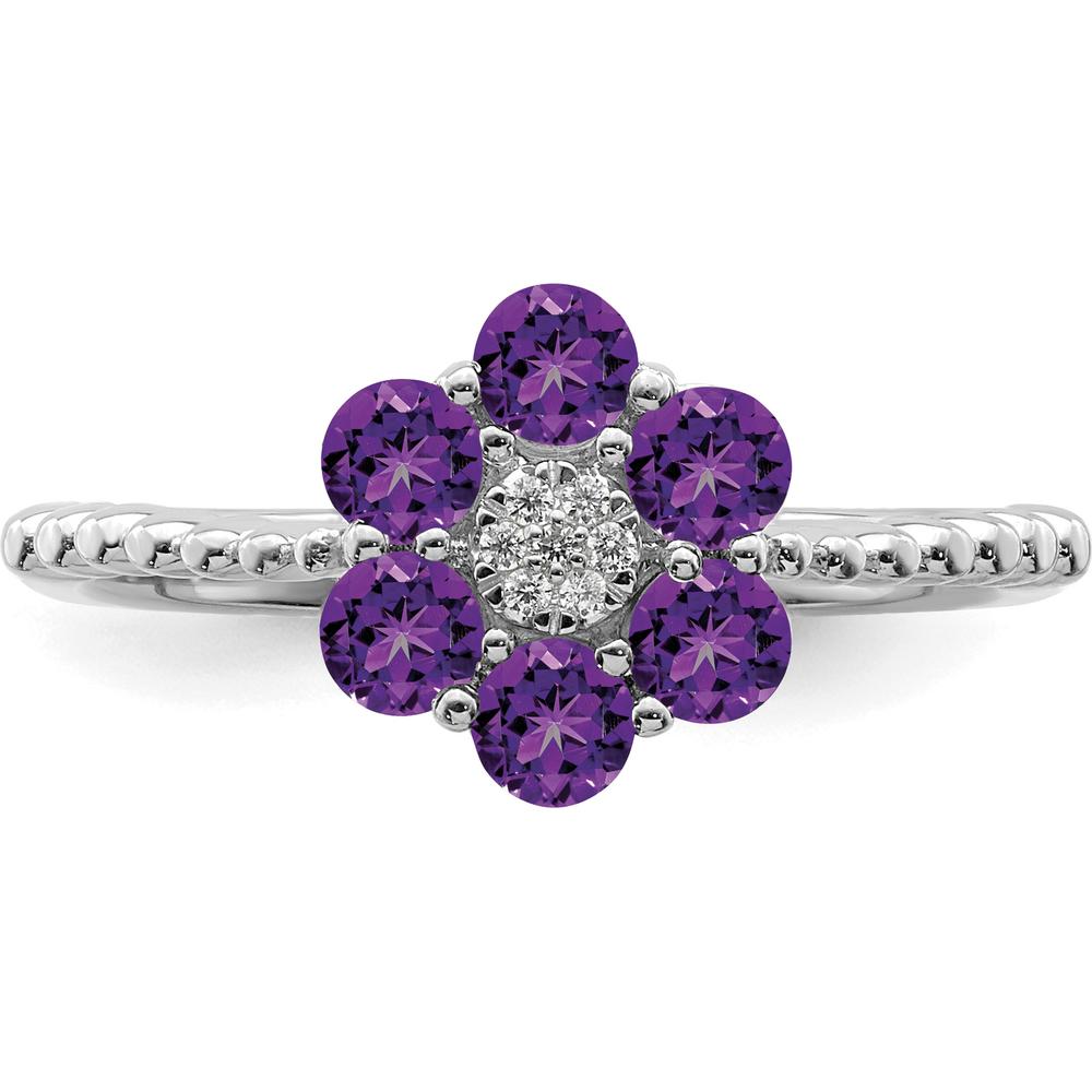 14K White Gold Amethyst and Diamond Floral Ring - 0.60 Carat Amethyst, 0.004 Carat Diamond by 0