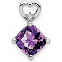 14K White Gold Amethyst and Diamond Heart Pendant with Cushion Cut Amethyst - 1.655 Carat Total Amethyst Weight by Oro Pregiato