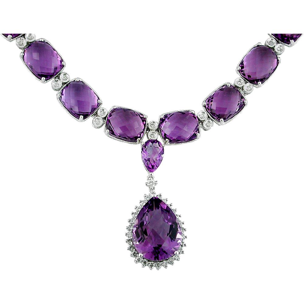 14K White Gold Amethyst & Diamond Necklace with Pear-Shaped Amethyst Pendant - 99.90 Carats Total Amethyst Weight, 0.90 Carats Total Diamond Weight