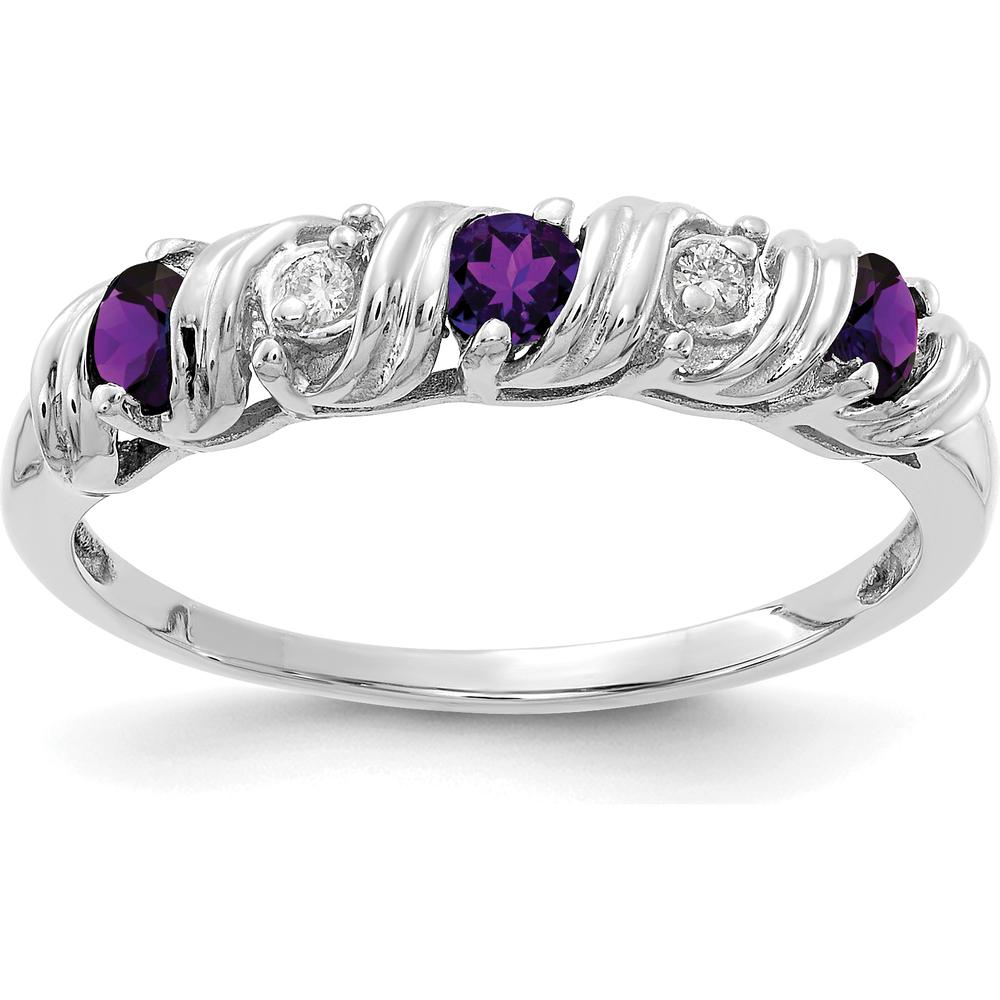 14K White Gold Amethyst and Diamond Ring with 3 Faceted Round Amethysts and 2 Round Diamonds - 0.08 Carat Total Amethyst Weight, 0.024 Carat Total Diamond Weight by Monteluci Fine Jewelry