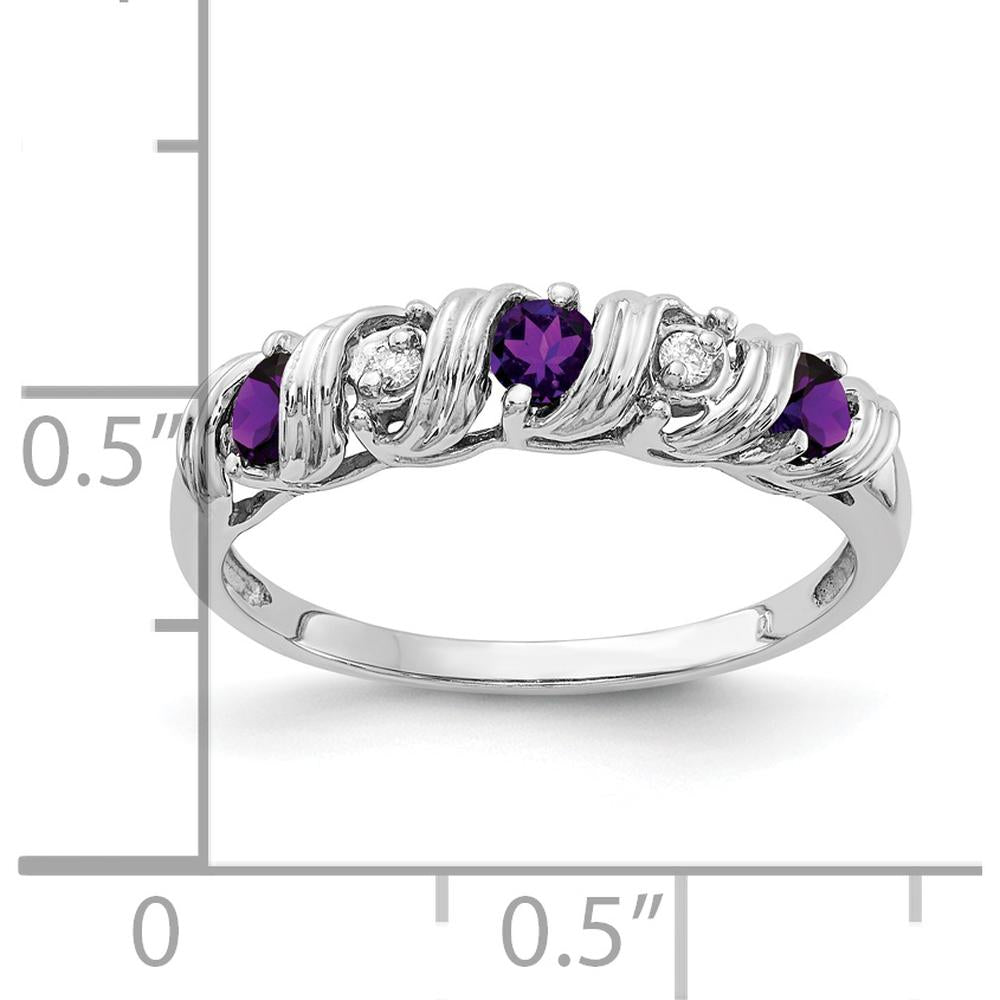 14K White Gold Amethyst and Diamond Ring with 3 Faceted Round Amethysts and 2 Round Diamonds - 0.08 Carat Total Amethyst Weight, 0.024 Carat Total Diamond Weight by Monteluci Fine Jewelry