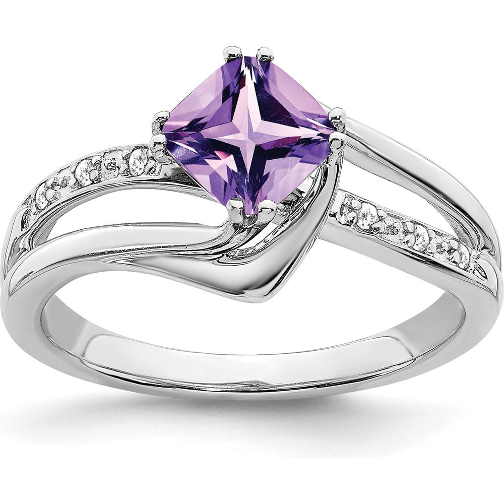 14K White Gold Amethyst and Diamond Ring with Cushion Cut Amethyst - 0.803 Carat Total Gem Weight by 0