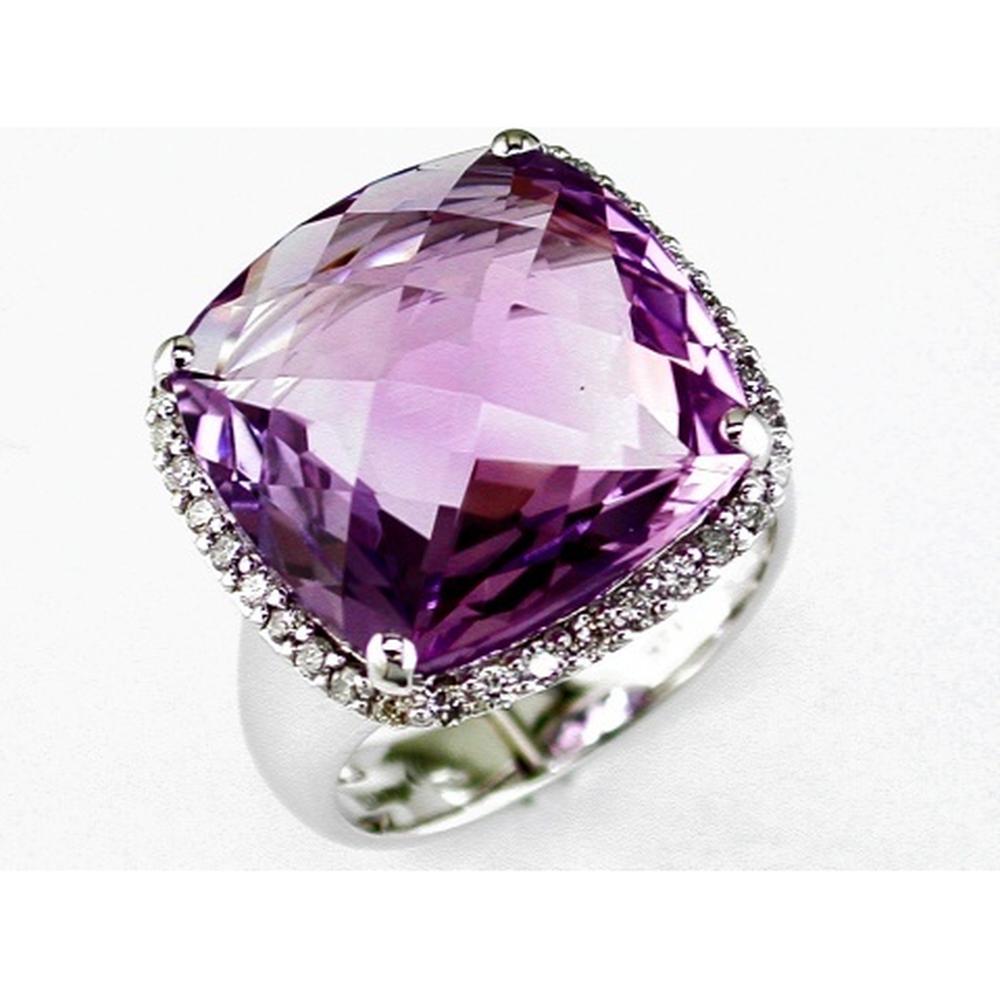 14K White Gold Amethyst & Diamond Ring with Cushion Cut Amethyst - 13.00 Carats Amethyst, 0.42 Carats Total Diamond Weight
