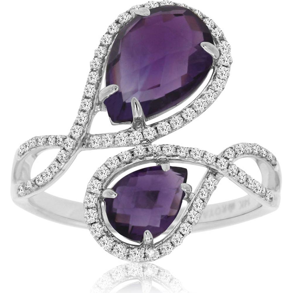 14K White Gold Amethyst & Diamond Ring with Pear-Shaped Amethyst Stones - 2.95 Carats Total Gem Weight