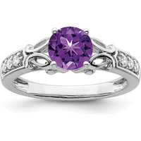 14K White Gold Amethyst and Diamond Ring with Round Amethyst - 0.948 Carat Total Amethyst Weight, 0.078 Carat Total Diamond Weight by 0