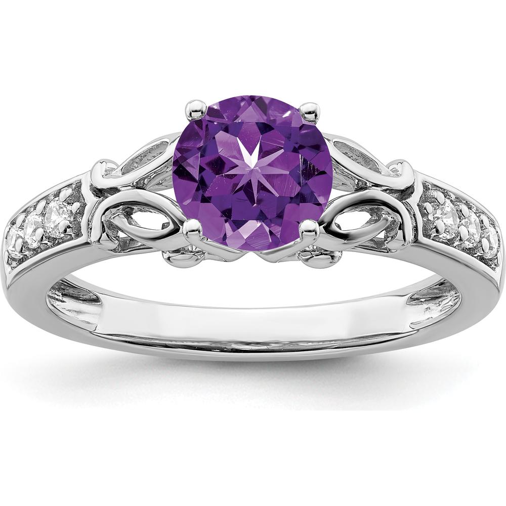 14K White Gold Amethyst and Diamond Ring with Round Amethyst - 0.948 Carat Total Amethyst Weight, 0.078 Carat Total Diamond Weight by 0