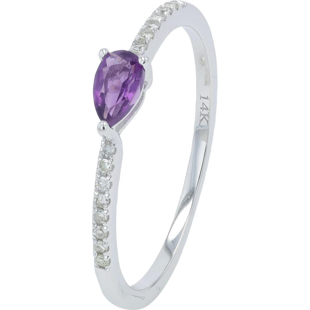 14K White Gold Amethyst Gemstone Ring with Diamond Accents - 0.16 Carat Total Amethyst Weight, 0.12 Carat Total Diamond Weight