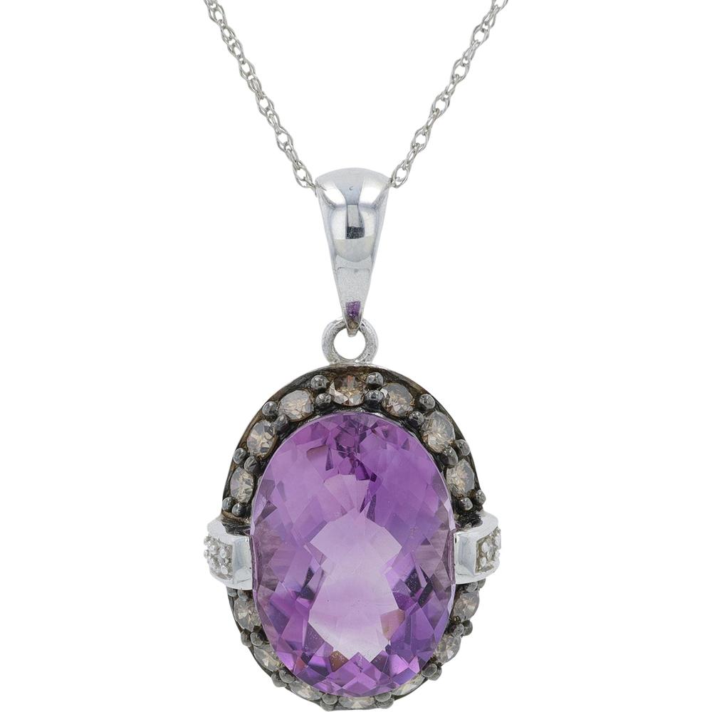 14K White Gold Amethyst Pendant with Diamond Halo - 5.40 Carat Total Amethyst Weight, 5/8 Carat Total Diamond Weight