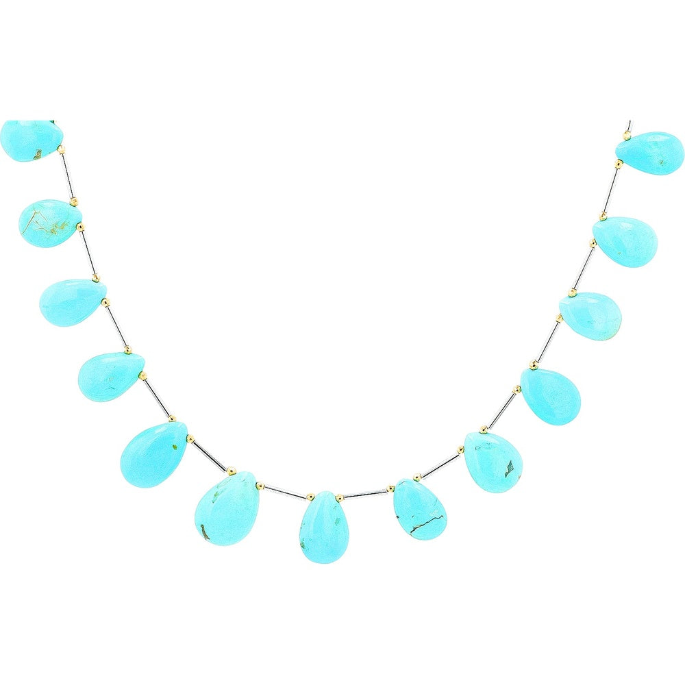 14K White Gold and 18K Yellow Gold 16-Inch Station Necklace with Pear-Shaped Turquoise Gemstones