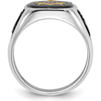 14K White Gold and Gold-Plated Cushion Onyx Masonic Ring with Black Enamel Detailing by IBGoodman