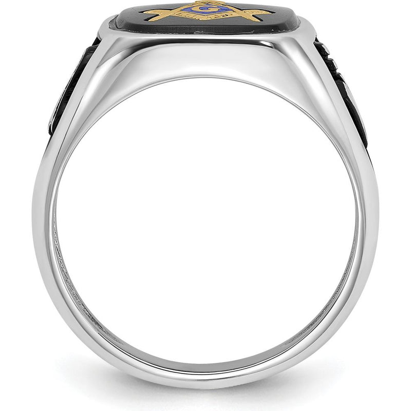 14K White Gold and Gold-Plated Cushion Onyx Masonic Ring with Black Enamel Detailing by IBGoodman