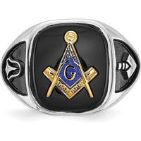 14K White Gold and Gold-Plated Cushion Onyx Masonic Ring with Black Enamel Detailing by IBGoodman