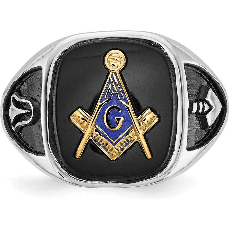 14K White Gold and Gold-Plated Cushion Onyx Masonic Ring with Black Enamel Detailing by IBGoodman
