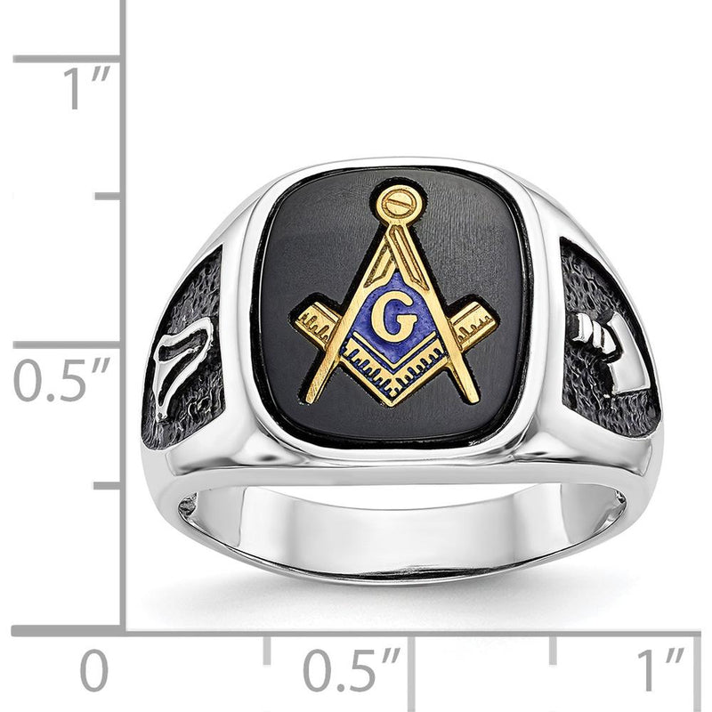 14K White Gold and Gold-Plated Cushion Onyx Masonic Ring with Black Enamel Detailing by IBGoodman