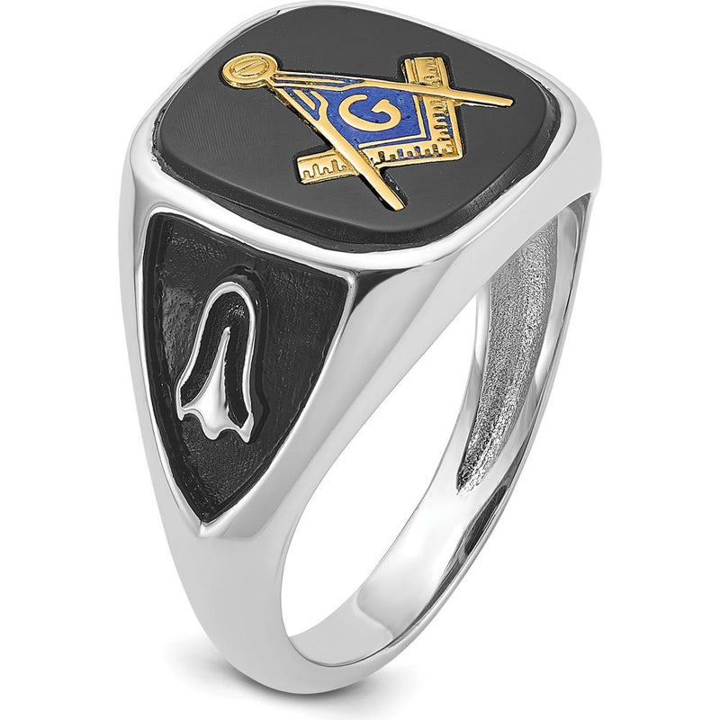 14K White Gold and Gold-Plated Cushion Onyx Masonic Ring with Black Enamel Detailing by IBGoodman