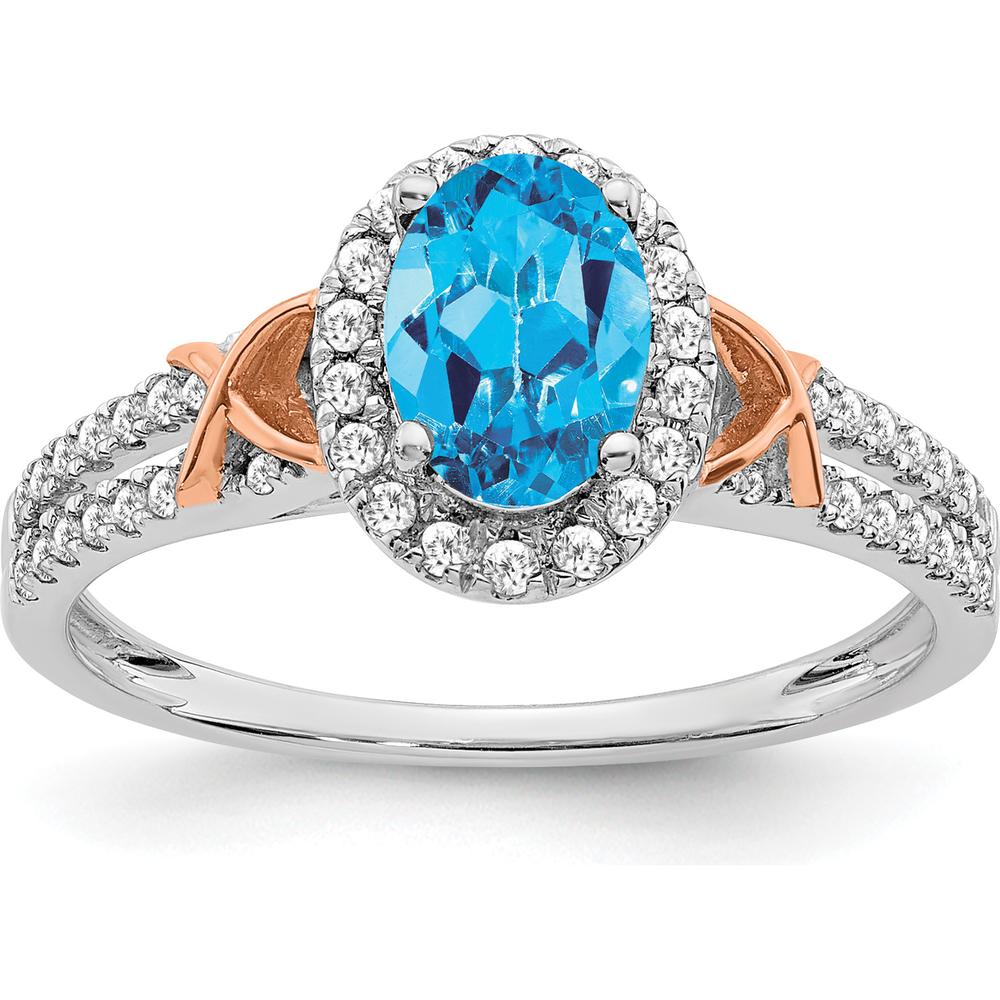14K White Gold and Rose Gold Accent Swiss Blue Topaz and Diamond Halo Ring - 0.844 Carat Total Gem Weight by 0
