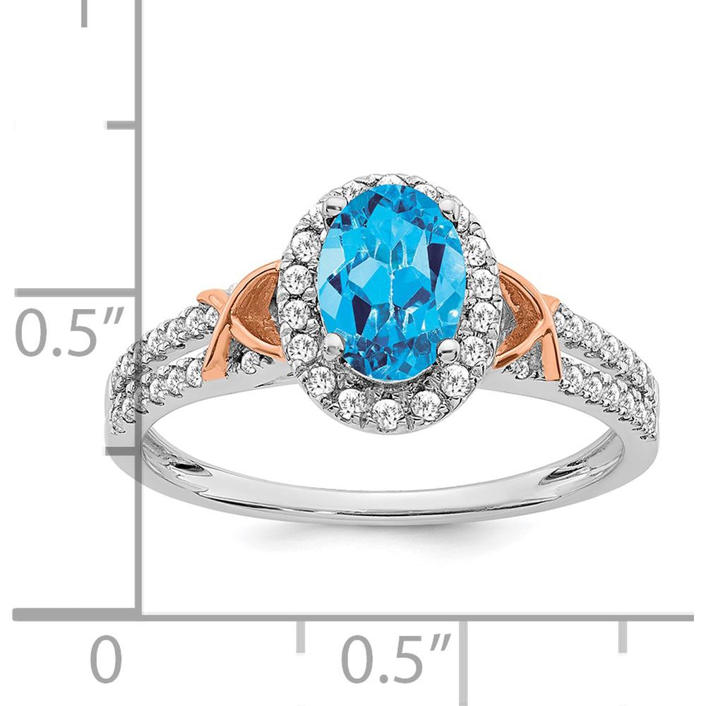 14K White Gold and Rose Gold Accent Swiss Blue Topaz and Diamond Halo Ring - 0.844 Carat Total Gem Weight by 0