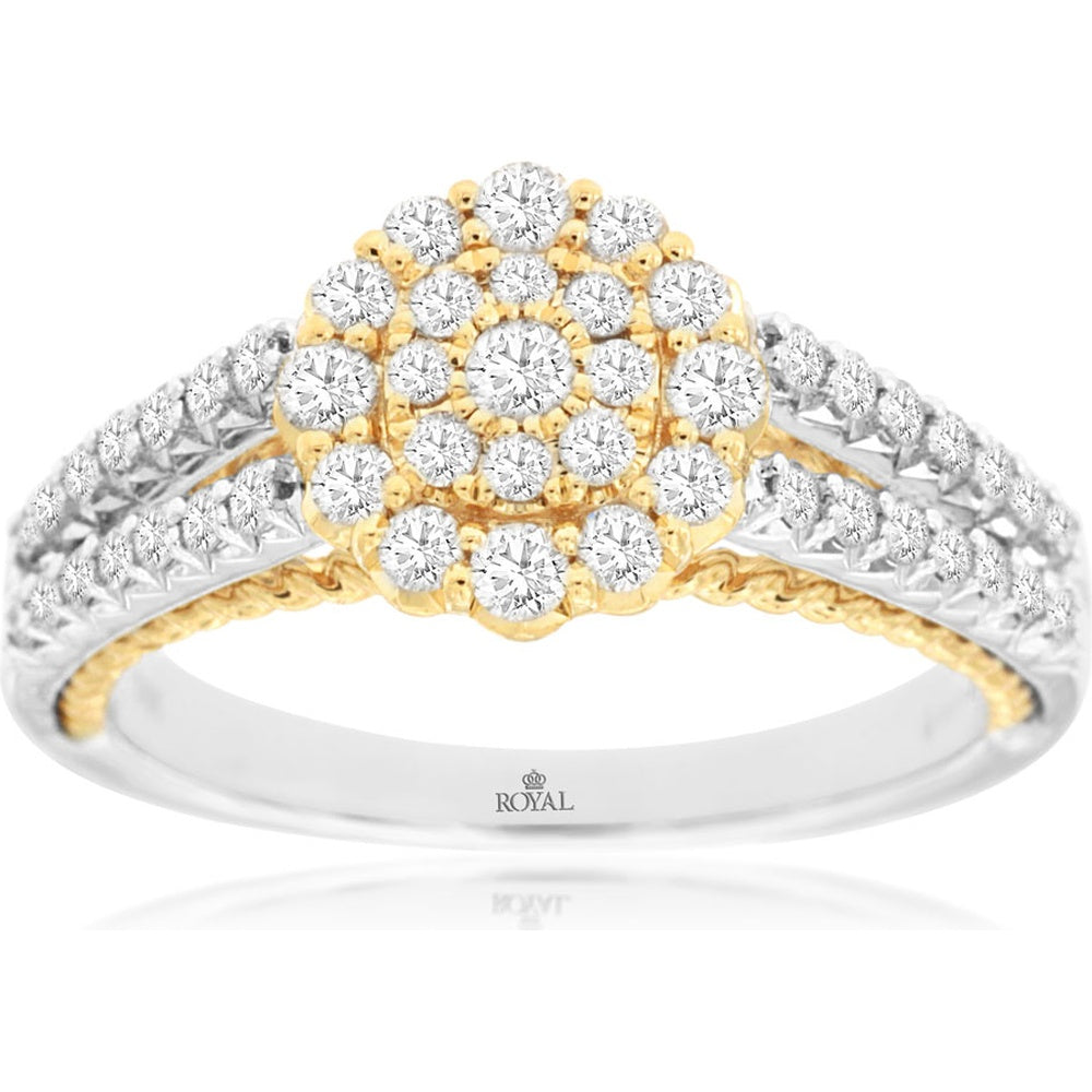 14K White Gold and Yellow Gold Accent Split Shank Cluster Diamond Ring with Pavé Band - 0.75 Carat Total Diamond Weight - Royal Jewelry