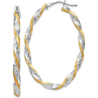 14K White Gold & Yellow Rhodium Twisted Diamond-Cut Hoop Earrings - 40mm Length, Textured Finish by Oro Pregiato