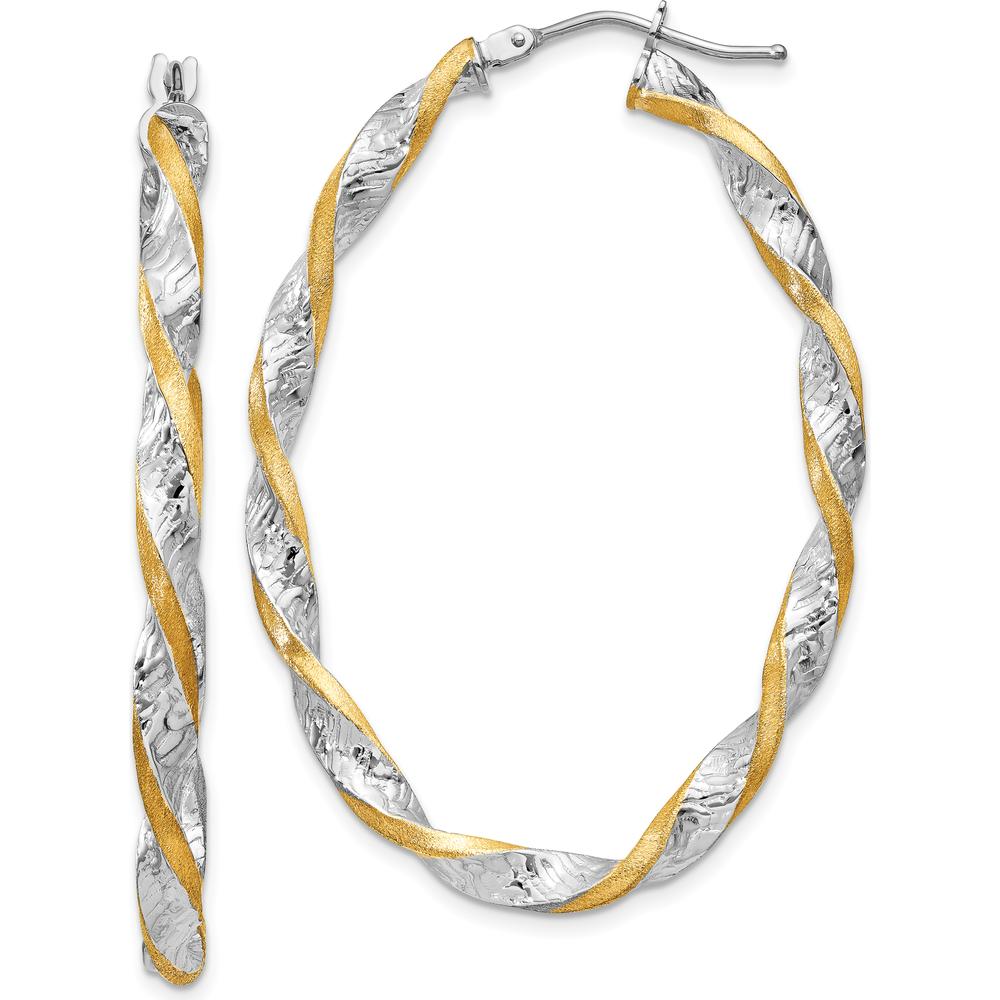 14K White Gold & Yellow Rhodium Twisted Diamond-Cut Hoop Earrings - 40mm Length, Textured Finish by Oro Pregiato