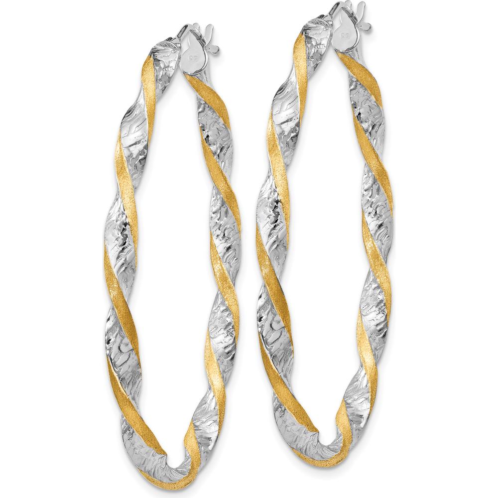 14K White Gold & Yellow Rhodium Twisted Diamond-Cut Hoop Earrings - 40mm Length, Textured Finish by Oro Pregiato