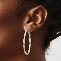 14K White Gold & Yellow Rhodium Twisted Diamond-Cut Hoop Earrings - 40mm Length, Textured Finish by Oro Pregiato