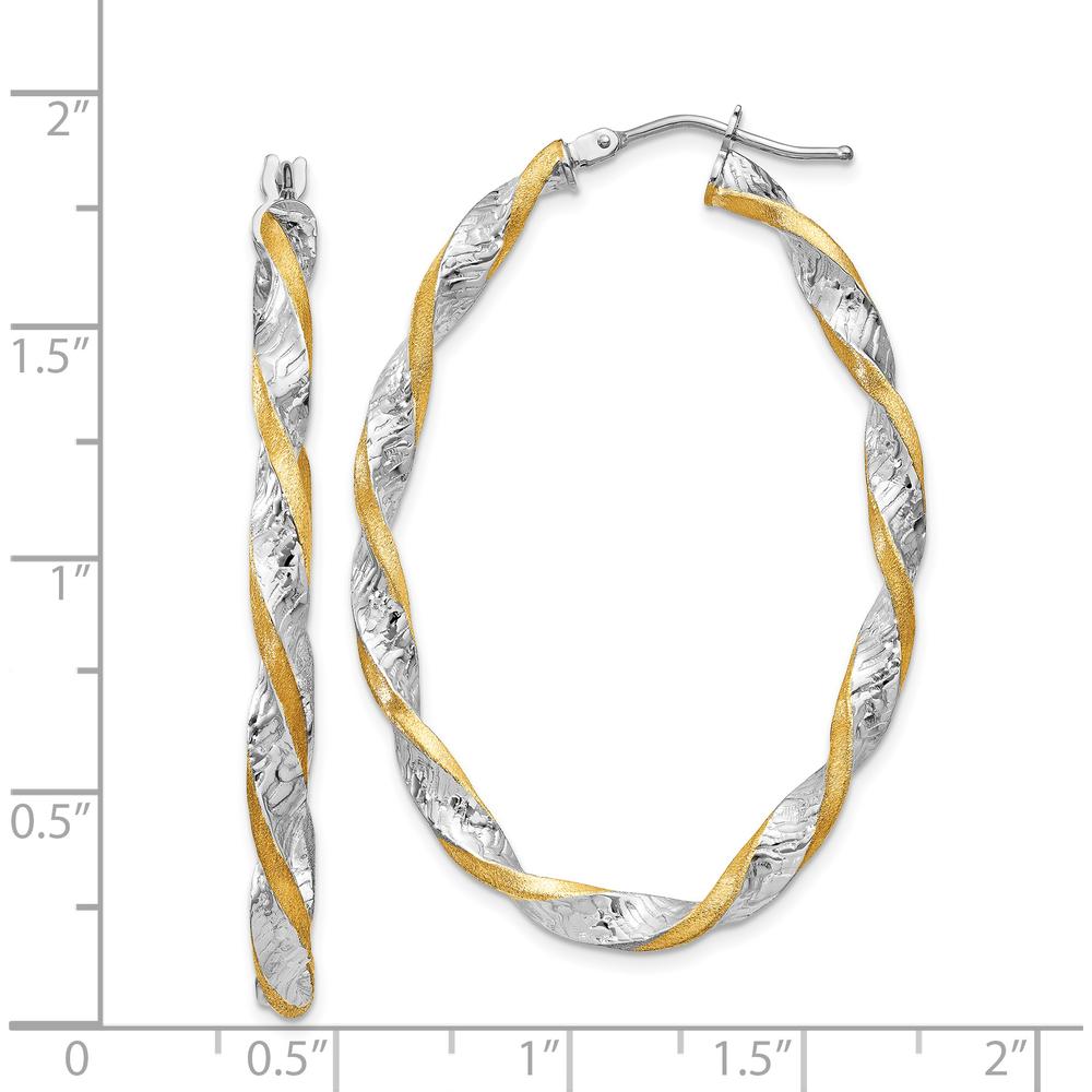 14K White Gold & Yellow Rhodium Twisted Diamond-Cut Hoop Earrings - 40mm Length, Textured Finish by Oro Pregiato