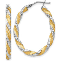 14K White Gold & Yellow Rhodium Twisted Diamond-Cut Oval Hoop Earrings by Oro Pregiato