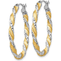 14K White Gold & Yellow Rhodium Twisted Diamond-Cut Oval Hoop Earrings by Oro Pregiato