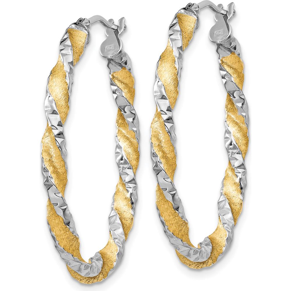 14K White Gold & Yellow Rhodium Twisted Diamond-Cut Oval Hoop Earrings by Oro Pregiato